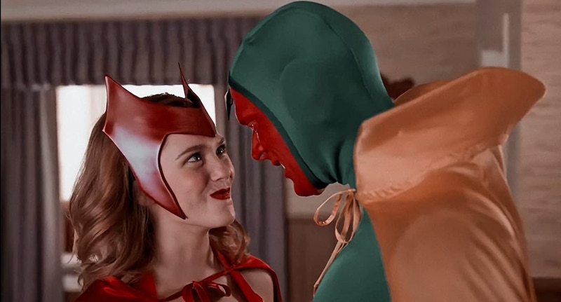 Wanda and Vision in classic comicbook costumes