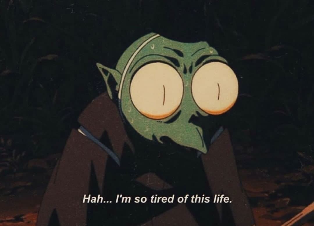 Frog character with subtitle “Hah… I’m so tired of this life
