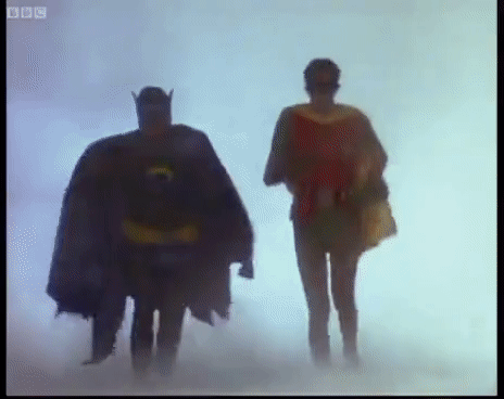 Del Boy and Rodney running through the mist dressed as Batman and Robin